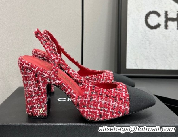 Popular Style Chanel Tweed & Grosgrain Slingback Pumps 9cm G45509 Red/Black 2026