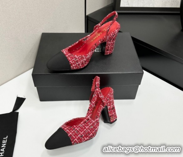 Popular Style Chanel Tweed & Grosgrain Slingback Pumps 9cm G45509 Red/Black 2026