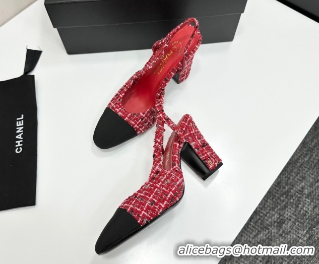 Popular Style Chanel Tweed & Grosgrain Slingback Pumps 9cm G45509 Red/Black 2026
