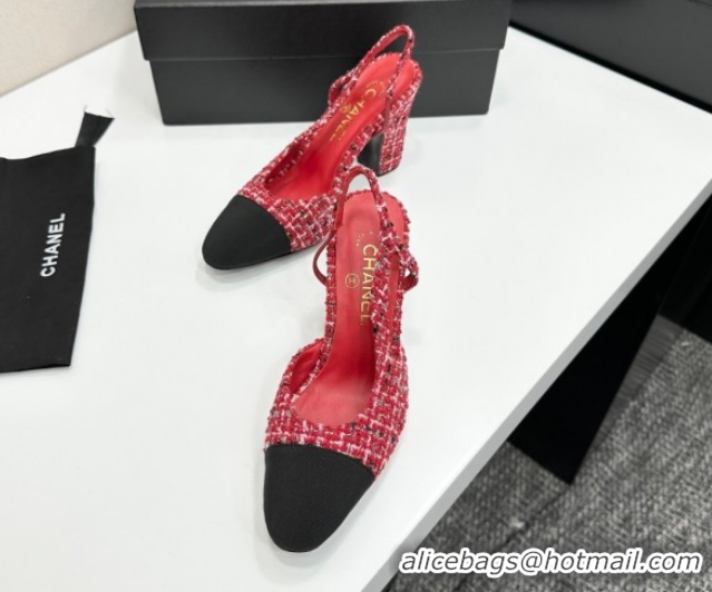 Popular Style Chanel Tweed & Grosgrain Slingback Pumps 9cm G45509 Red/Black 2026