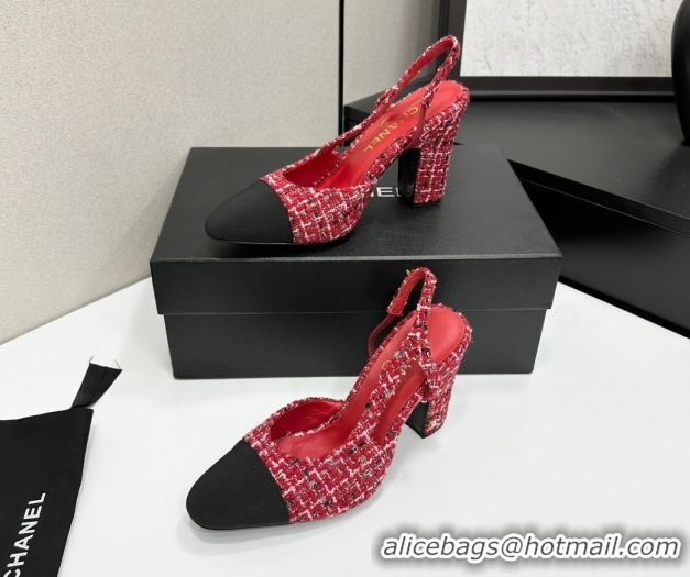 Popular Style Chanel Tweed & Grosgrain Slingback Pumps 9cm G45509 Red/Black 2026