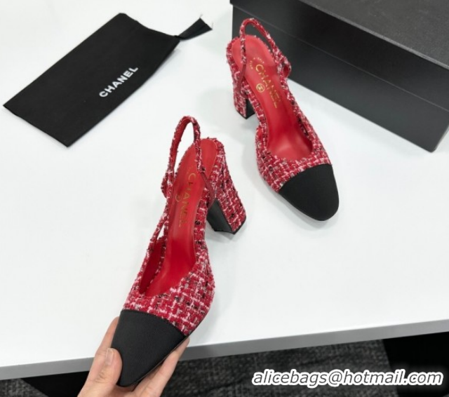 Popular Style Chanel Tweed & Grosgrain Slingback Pumps 9cm G45509 Red/Black 2026