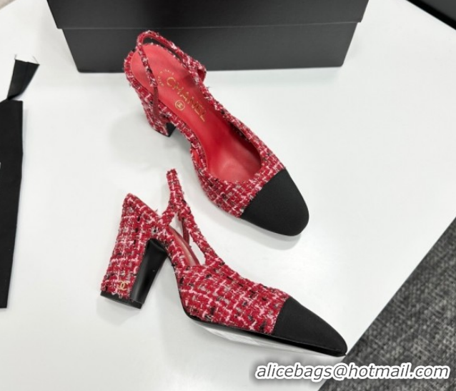 Popular Style Chanel Tweed & Grosgrain Slingback Pumps 9cm G45509 Red/Black 2026