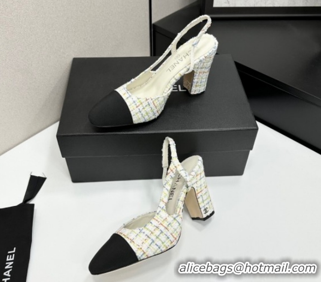 Luxurious Chanel Tweed & Grosgrain Slingback Pumps 9cm G45509 White/Multicolor 2026
