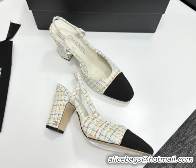 Luxurious Chanel Tweed & Grosgrain Slingback Pumps 9cm G45509 White/Multicolor 2026