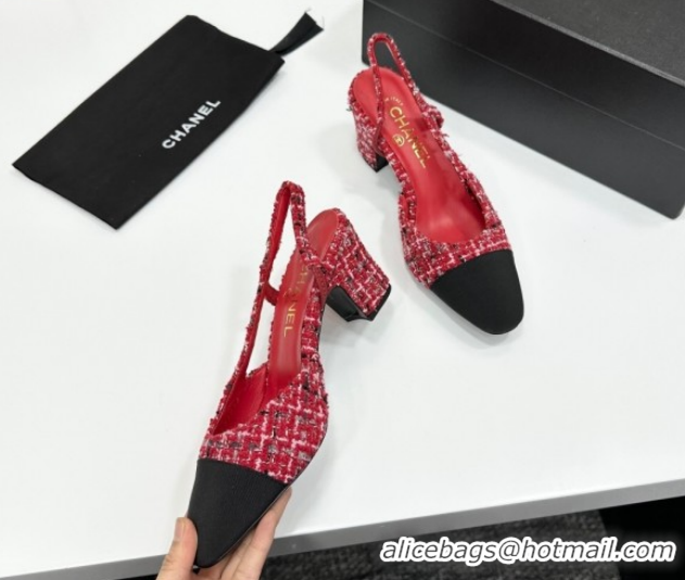 Pretty Style Chanel Tweed & Grosgrain Slingbacks Pump 6.5cm G31318 Red/Black 2026