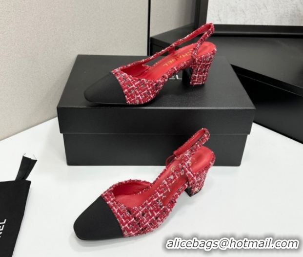 Pretty Style Chanel Tweed & Grosgrain Slingbacks Pump 6.5cm G31318 Red/Black 2026