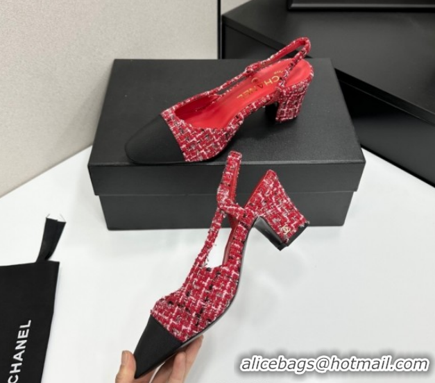 Pretty Style Chanel Tweed & Grosgrain Slingbacks Pump 6.5cm G31318 Red/Black 2026