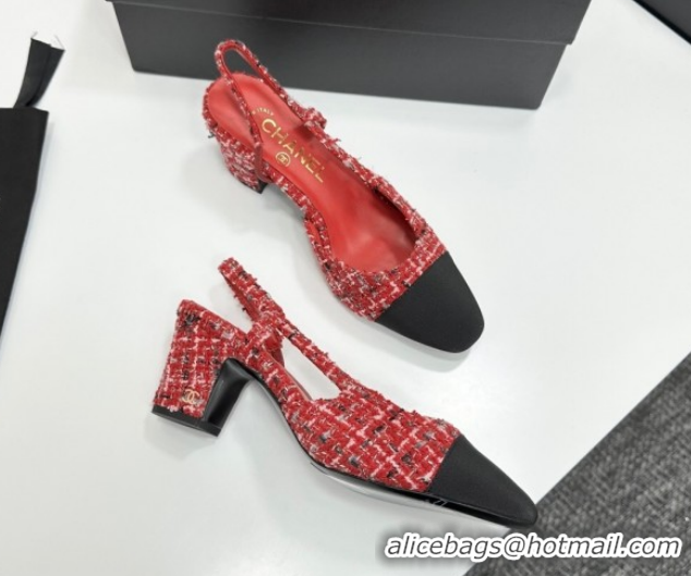 Pretty Style Chanel Tweed & Grosgrain Slingbacks Pump 6.5cm G31318 Red/Black 2026