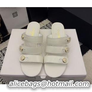 Best Price Chanel Shiny Calfskin Leather Heel Slides Sandal 4cm with Button Strap G46798 White 2026