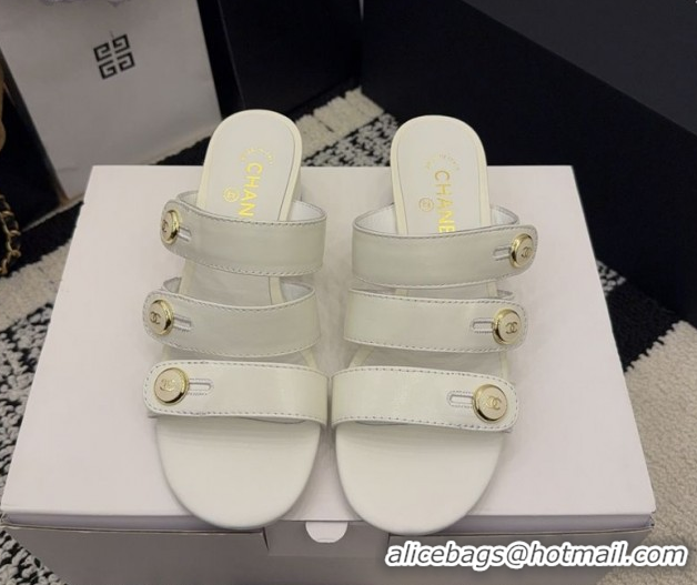 Best Price Chanel Shiny Calfskin Leather Heel Slides Sandal 4cm with Button Strap G46798 White 2026