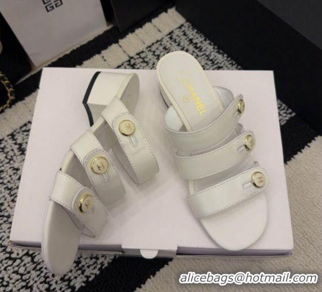 Best Price Chanel Shiny Calfskin Leather Heel Slides Sandal 4cm with Button Strap G46798 White 2026