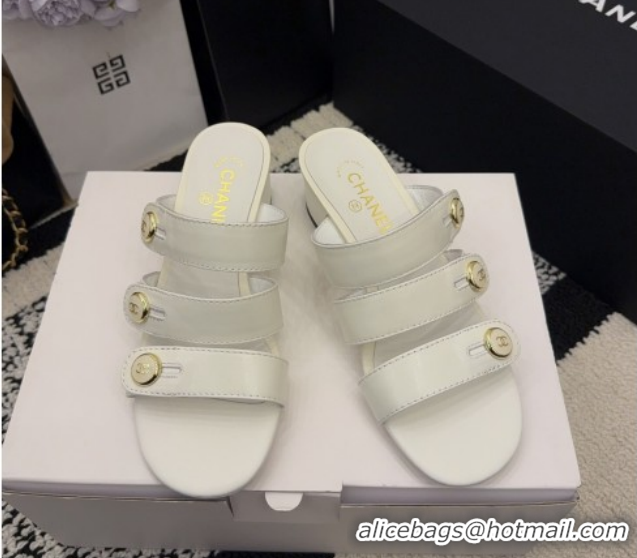 Best Price Chanel Shiny Calfskin Leather Heel Slides Sandal 4cm with Button Strap G46798 White 2026