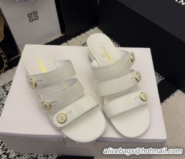 Best Price Chanel Shiny Calfskin Leather Heel Slides Sandal 4cm with Button Strap G46798 White 2026