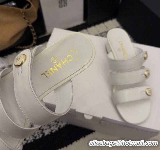 Best Price Chanel Shiny Calfskin Leather Heel Slides Sandal 4cm with Button Strap G46798 White 2026