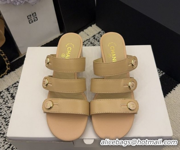 Unique Style Chanel Shiny Calfskin Leather Heel Slides Sandal 4cm with Button Strap G46798 Beige 2026