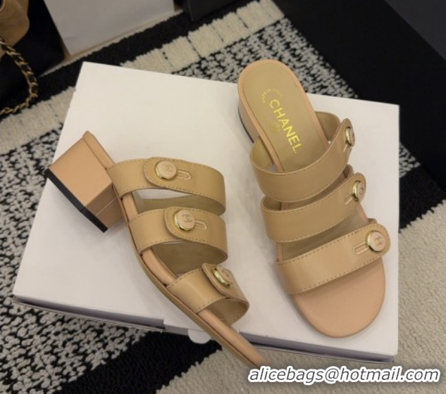 Unique Style Chanel Shiny Calfskin Leather Heel Slides Sandal 4cm with Button Strap G46798 Beige 2026