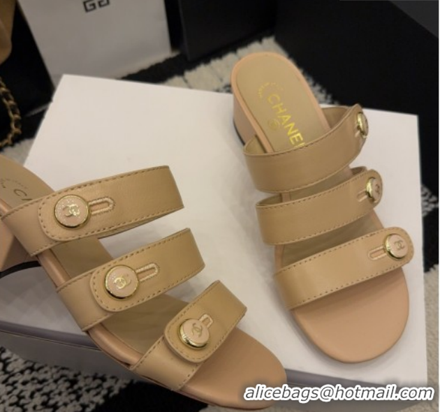 Unique Style Chanel Shiny Calfskin Leather Heel Slides Sandal 4cm with Button Strap G46798 Beige 2026