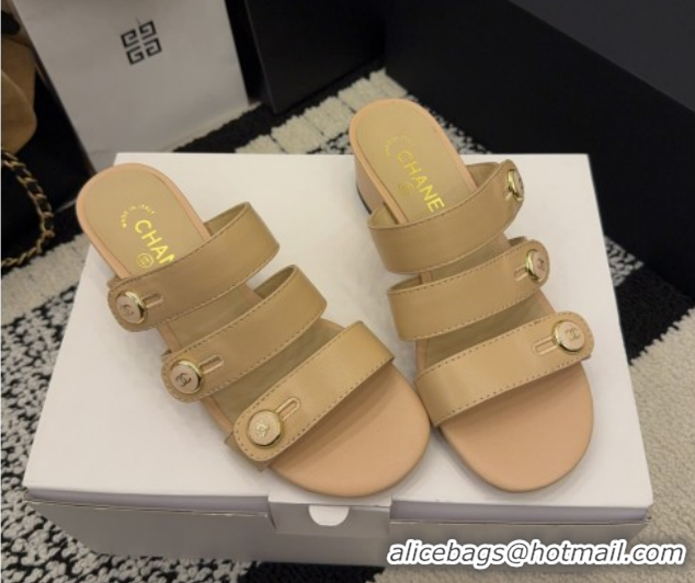 Unique Style Chanel Shiny Calfskin Leather Heel Slides Sandal 4cm with Button Strap G46798 Beige 2026