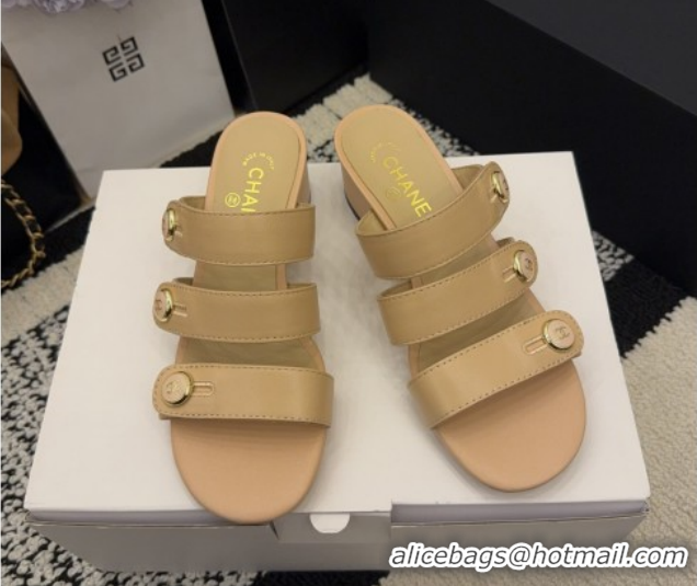 Unique Style Chanel Shiny Calfskin Leather Heel Slides Sandal 4cm with Button Strap G46798 Beige 2026
