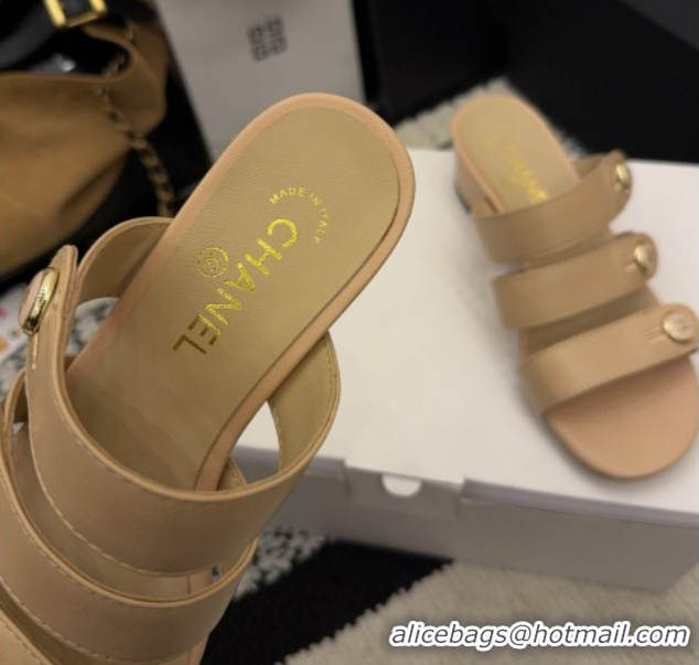 Unique Style Chanel Shiny Calfskin Leather Heel Slides Sandal 4cm with Button Strap G46798 Beige 2026