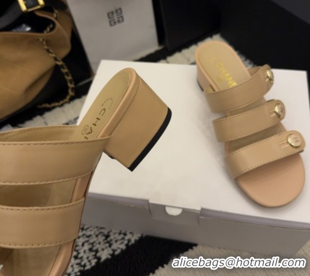 Unique Style Chanel Shiny Calfskin Leather Heel Slides Sandal 4cm with Button Strap G46798 Beige 2026