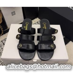 Purchase Chanel Shiny Calfskin Leather Heel Slides Sandal 4cm with Button Strap G46798 Black 2026