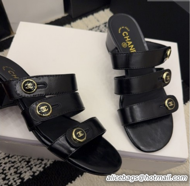 Purchase Chanel Shiny Calfskin Leather Heel Slides Sandal 4cm with Button Strap G46798 Black 2026