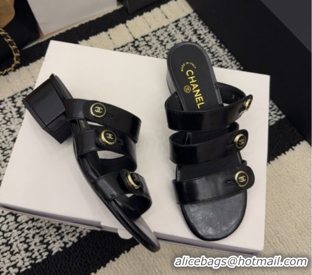 Purchase Chanel Shiny Calfskin Leather Heel Slides Sandal 4cm with Button Strap G46798 Black 2026