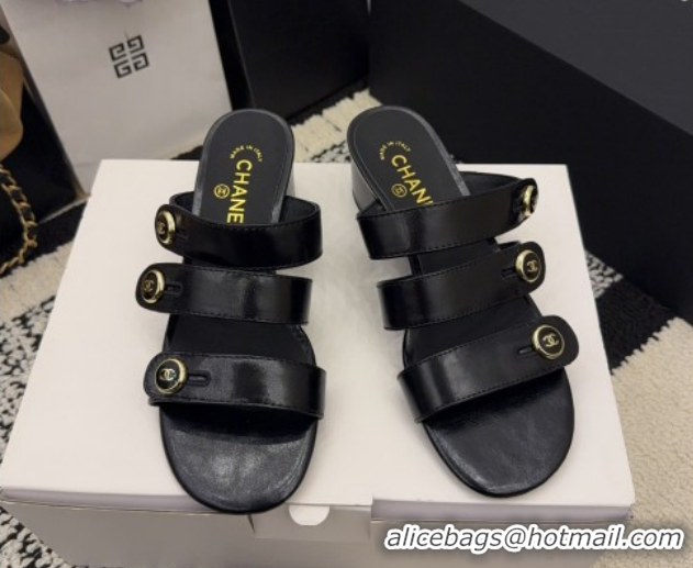 Purchase Chanel Shiny Calfskin Leather Heel Slides Sandal 4cm with Button Strap G46798 Black 2026