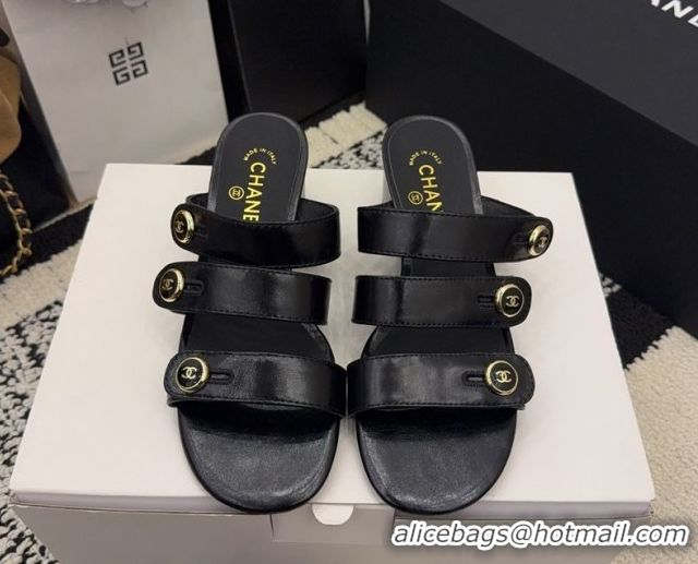 Purchase Chanel Shiny Calfskin Leather Heel Slides Sandal 4cm with Button Strap G46798 Black 2026