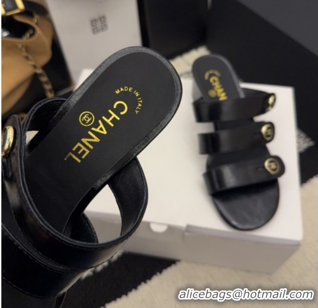 Purchase Chanel Shiny Calfskin Leather Heel Slides Sandal 4cm with Button Strap G46798 Black 2026