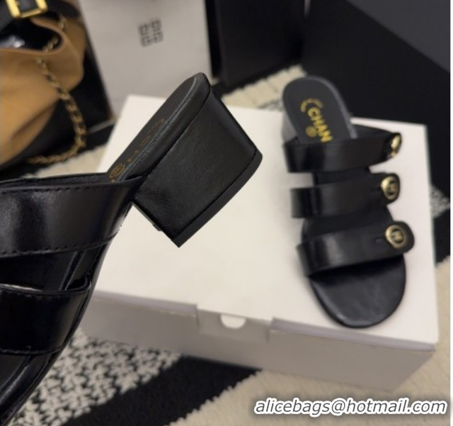Purchase Chanel Shiny Calfskin Leather Heel Slides Sandal 4cm with Button Strap G46798 Black 2026