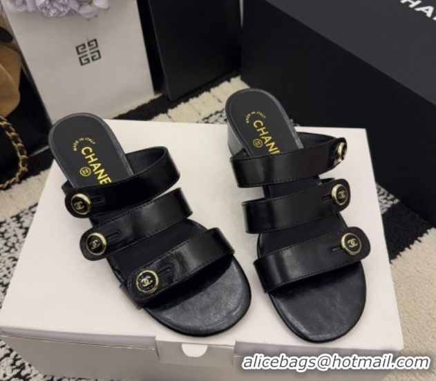 Purchase Chanel Shiny Calfskin Leather Heel Slides Sandal 4cm with Button Strap G46798 Black 2026