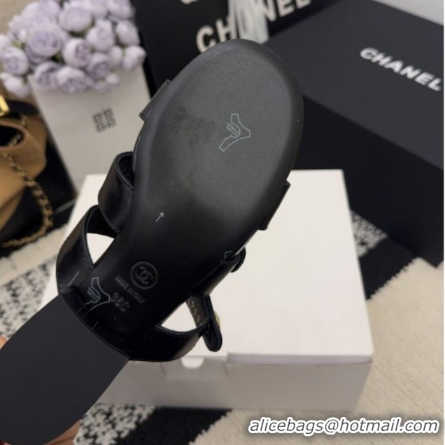 Purchase Chanel Shiny Calfskin Leather Heel Slides Sandal 4cm with Button Strap G46798 Black 2026