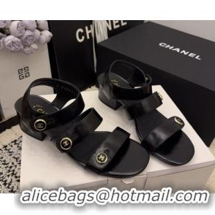 Discount Chanel Shiny Calfskin Leather Heel Sandals 4cm with Button Strap G46793 Black 2026