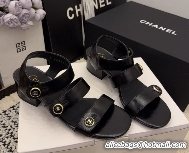 Discount Chanel Shiny Calfskin Leather Heel Sandals 4cm with Button Strap G46793 Black 2026