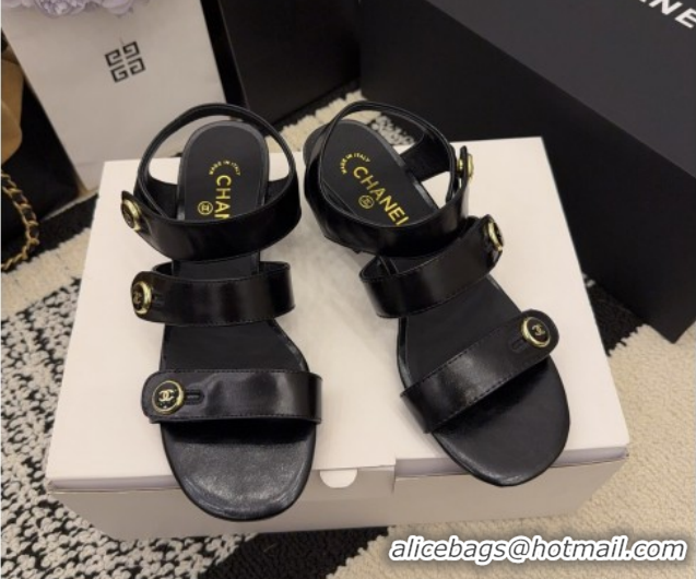 Discount Chanel Shiny Calfskin Leather Heel Sandals 4cm with Button Strap G46793 Black 2026