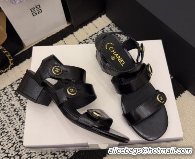 Discount Chanel Shiny Calfskin Leather Heel Sandals 4cm with Button Strap G46793 Black 2026