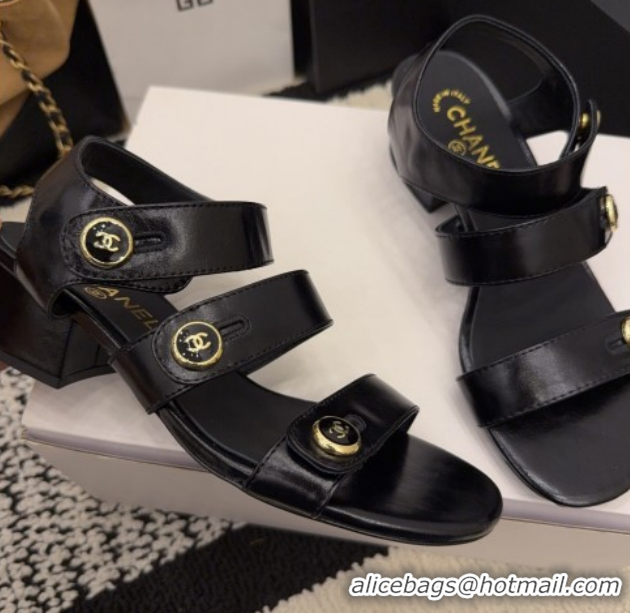 Discount Chanel Shiny Calfskin Leather Heel Sandals 4cm with Button Strap G46793 Black 2026