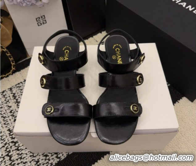 Discount Chanel Shiny Calfskin Leather Heel Sandals 4cm with Button Strap G46793 Black 2026