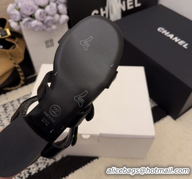 Discount Chanel Shiny Calfskin Leather Heel Sandals 4cm with Button Strap G46793 Black 2026