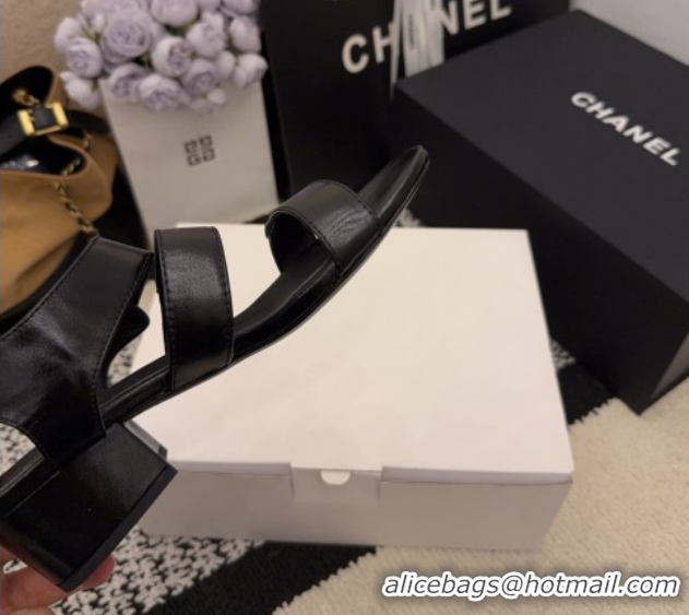 Discount Chanel Shiny Calfskin Leather Heel Sandals 4cm with Button Strap G46793 Black 2026