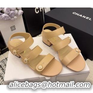 Best Product Chanel Shiny Calfskin Leather Heel Sandals 4cm with Button Strap G46793 Beige 2026