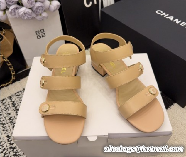 Best Product Chanel Shiny Calfskin Leather Heel Sandals 4cm with Button Strap G46793 Beige 2026