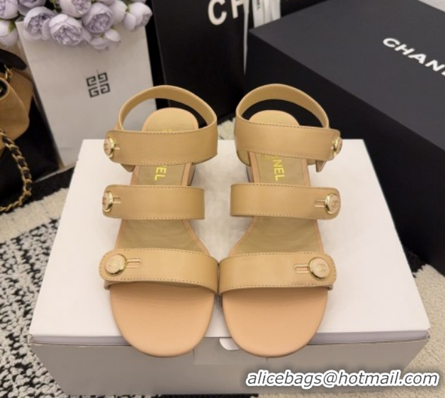 Best Product Chanel Shiny Calfskin Leather Heel Sandals 4cm with Button Strap G46793 Beige 2026