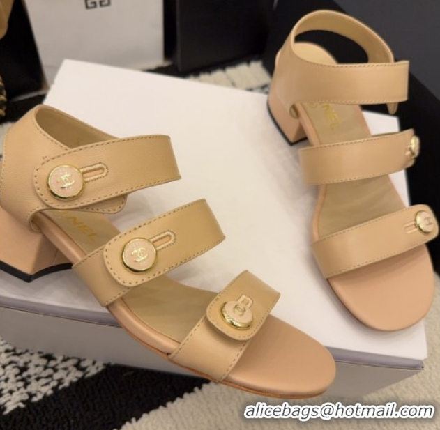 Best Product Chanel Shiny Calfskin Leather Heel Sandals 4cm with Button Strap G46793 Beige 2026
