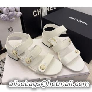 Top Grade Chanel Shiny Calfskin Leather Heel Sandals 4cm with Button Strap G46793 White 2026