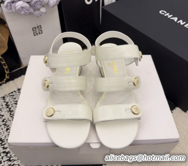 Top Grade Chanel Shiny Calfskin Leather Heel Sandals 4cm with Button Strap G46793 White 2026