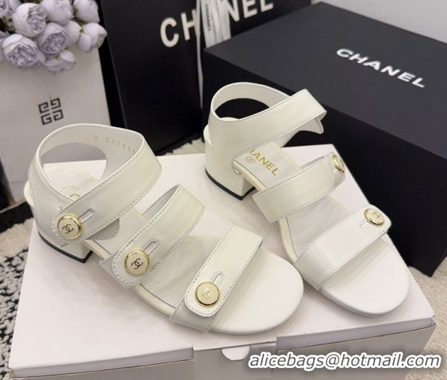 Top Grade Chanel Shiny Calfskin Leather Heel Sandals 4cm with Button Strap G46793 White 2026